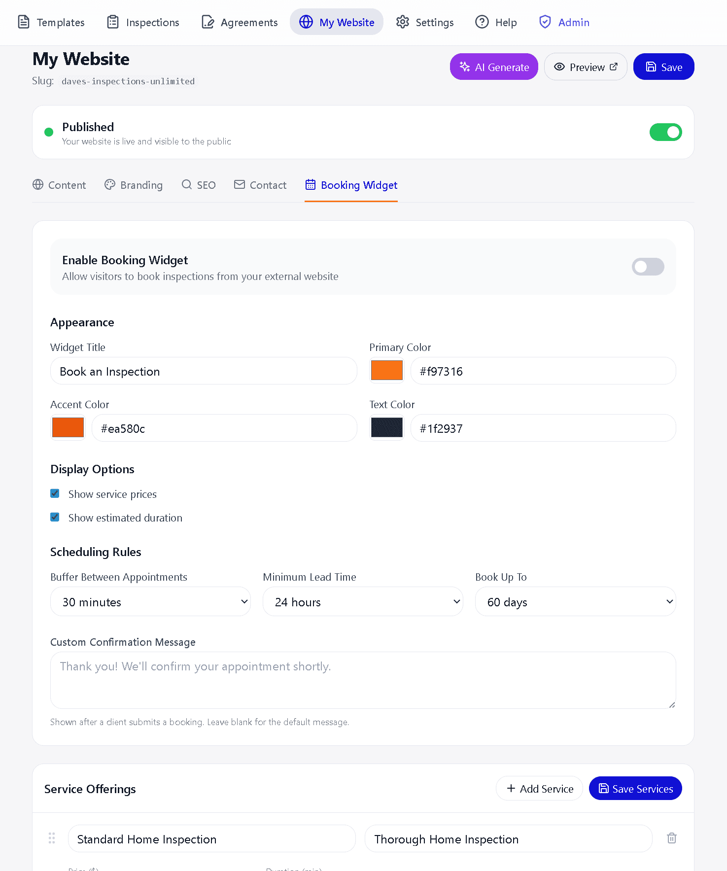 Embeddable Booking Widget — InspectForge screenshot
